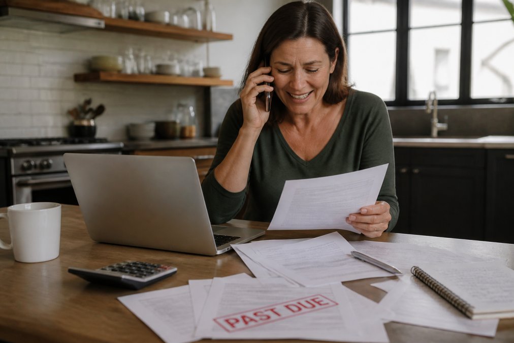 A distressed homeowner sitting at a kitchen table with a laptop and financial documents, looking relieved while talking on the phone, with a 'Past Due' notice visible on the table