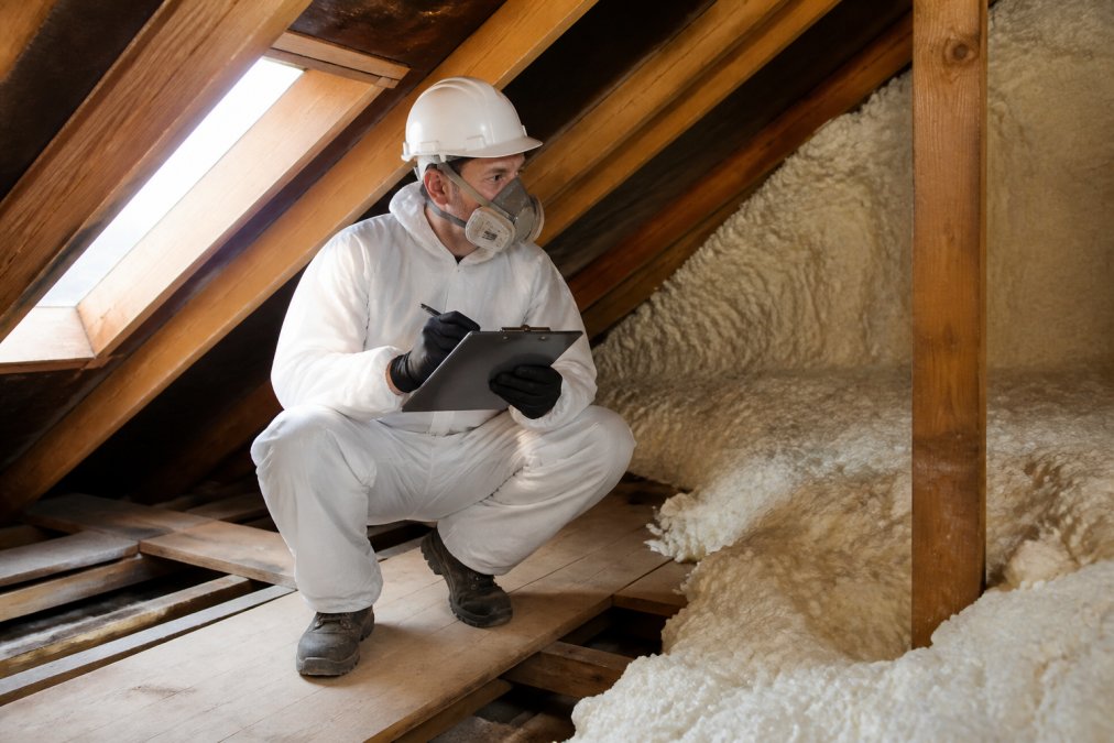 Professional roofer in full safety equipment and protective gear inspecting loft area with spray foam insulation, holding clipboard and assessment tools, natural daylight filtering through loft access