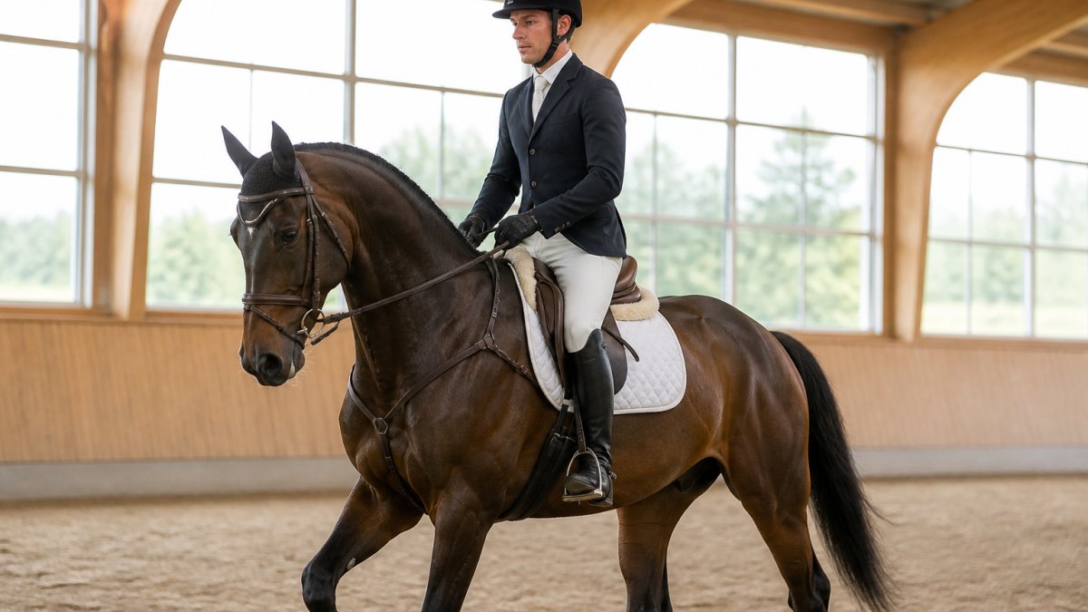 Turnierreiter in eleganter Reitbekleidung auf einem Pferd als hochwertige EQUIVA Alternative Reitsportbedarf