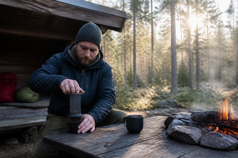 Person der brygger kaffe med AeroPress ved et bålsted, da er aeropress god til rejsebrug i naturen.