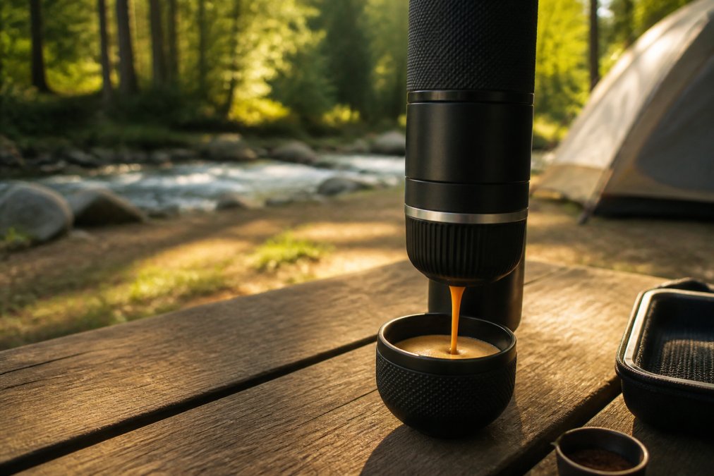 Close-up of a portable espresso machine on a wooden picnic table at a campsite, a stream of espresso with thick crema filling a small cup, morning sunlight filtering through trees in the background