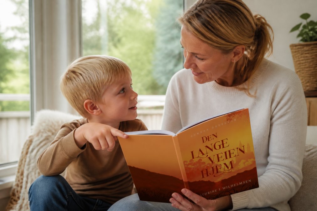 En voksen og et barn som sitter sammen med en åpen bok, barnet peker på illustrasjonen mens de snakker, varmt og trygt øyekontakt med naturlig lys fra et vindu