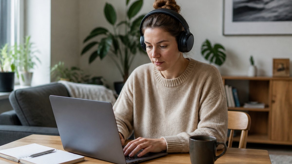 Person som jobber ved et hjemmekontor med støyreduserende hodetelefoner, kaffe og notatbok på skrivebordet.