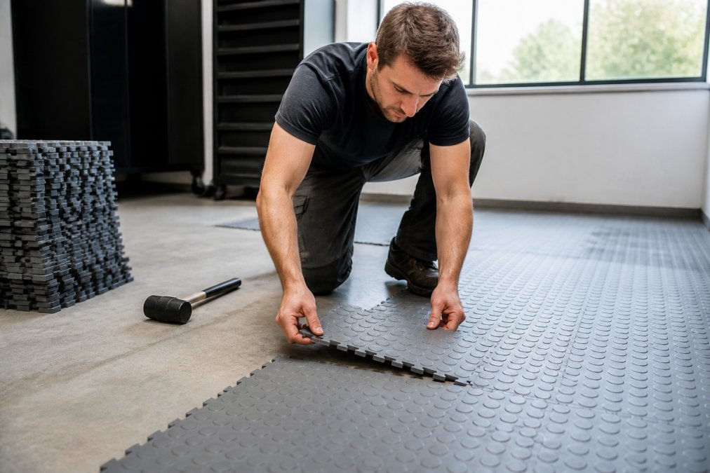 A person kneeling on a clean concrete workshop floor, clicking two grey PVC floor tiles together by hand, with a rubber mallet and a stack of tiles nearby, natural daylight from a workshop window
