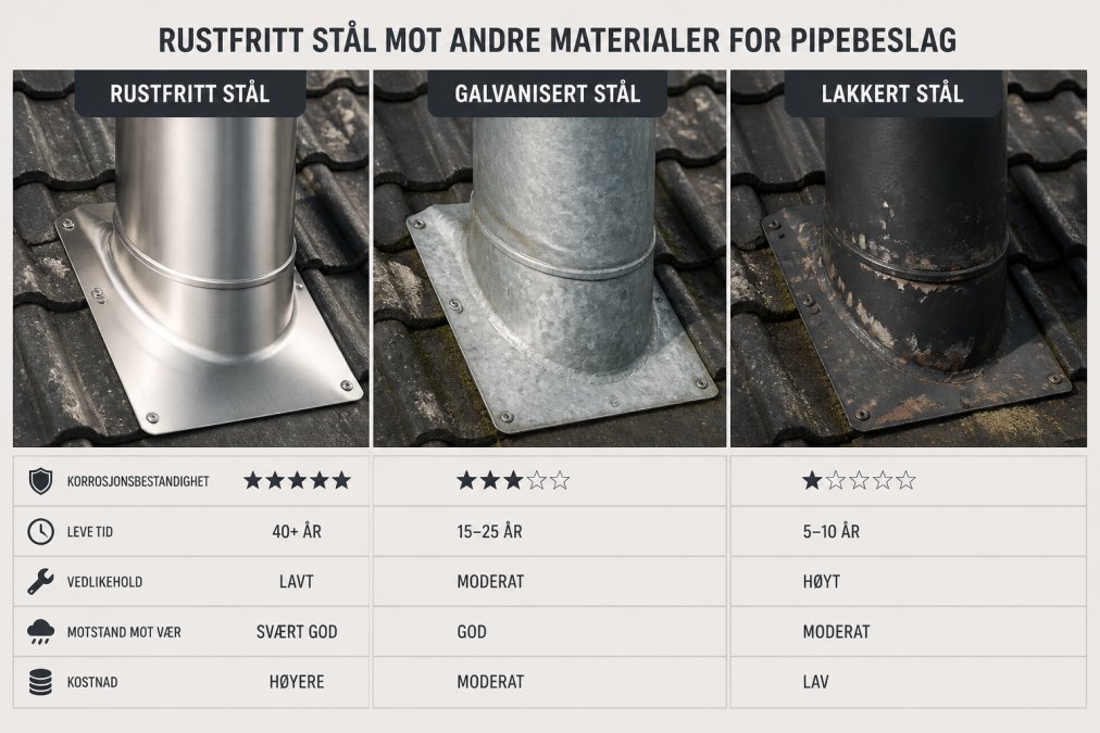 Close-up of three different pipe flashing materials mounted side by side on weathered roof section, polished stainless steel, galvanized steel with zinc coating, and painted steel, showing varying surface conditions and patina development under natural daylight