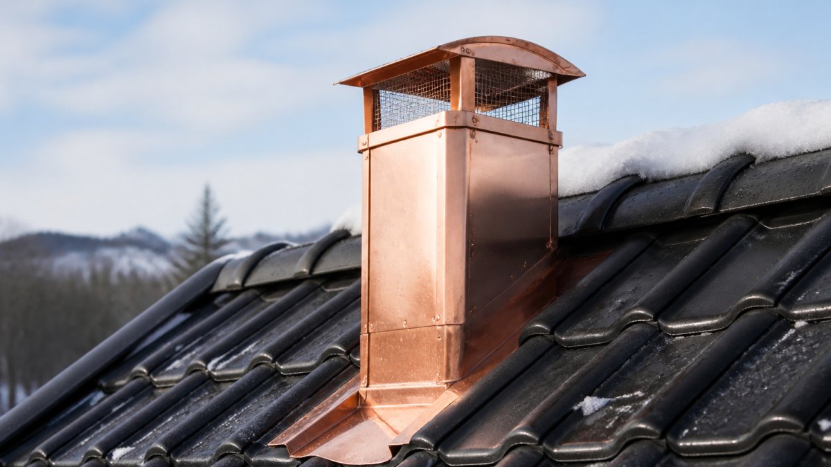 Close-up of a custom-fitted pipe cap installed on a roof pipe, showing precise alignment and weather sealing against rain and snow, with copper material gleaming in daylight