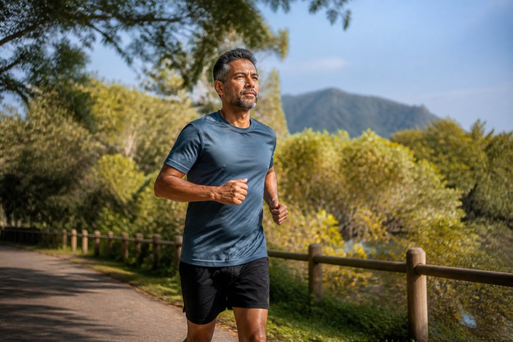 Middle-aged man jogging outdoors in a sunny park setting, wearing athletic clothes, appearing focused and healthy with trees and natural landscape in background