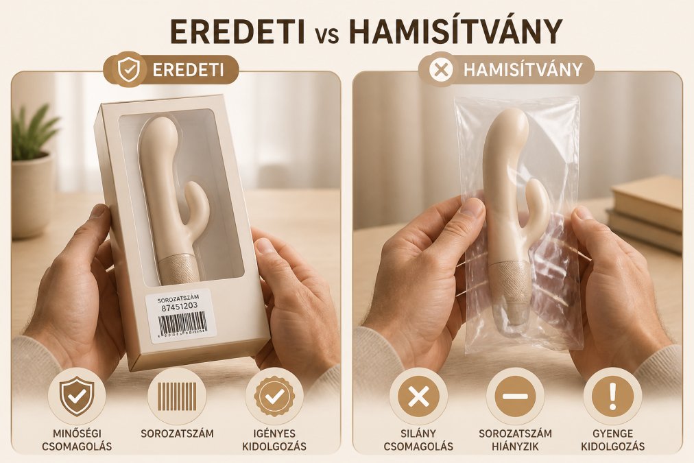 Close-up of a man's hands holding two similar-looking adult toys side by side over a wooden table, one in glossy branded packaging with a visible barcode and serial number, the other in plain, slightly crumpled plastic wrap, soft natural daylight from a window, shallow depth of field, realistic and discreet scene