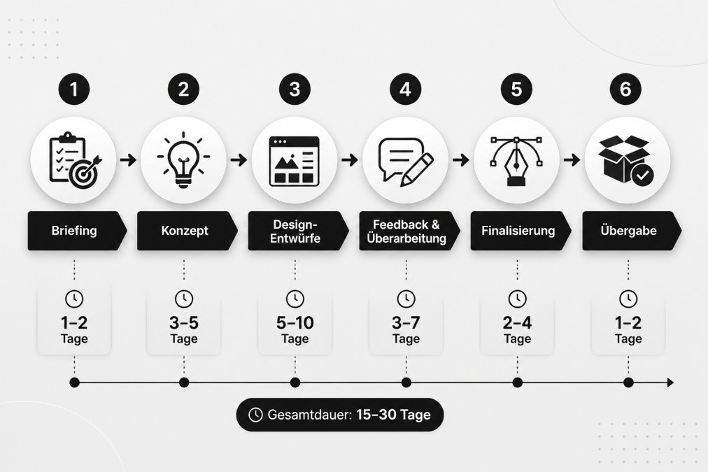 Flowchart mit den 6 Phasen eines Designprojekts: Briefing → Konzept → Design-Entwürfe → Feedback & Überarbeitung → Finalisierung → Übergabe, mit durchschnittlichen Dauern pro Phase