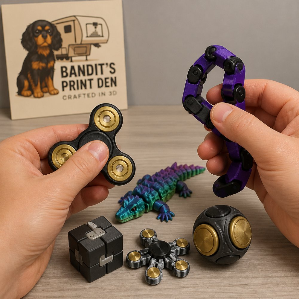 Close-up of hands holding and manipulating multiple 3D-printed fidgets including spinners, articulated creatures, and cube fidgets on a neutral desktop surface