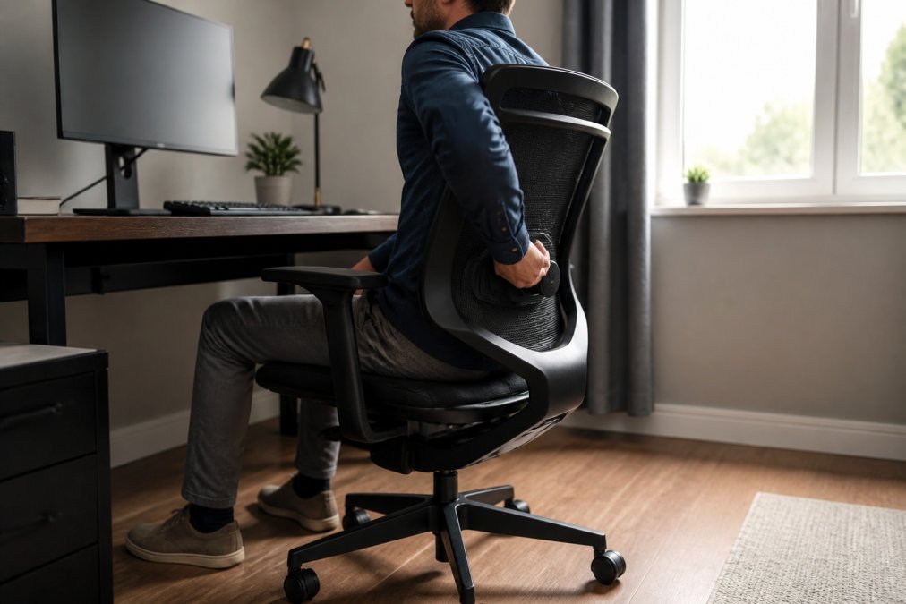 Person adjusting the lumbar support on an ergonomic chair to improve posture at a desk with proper alignment.