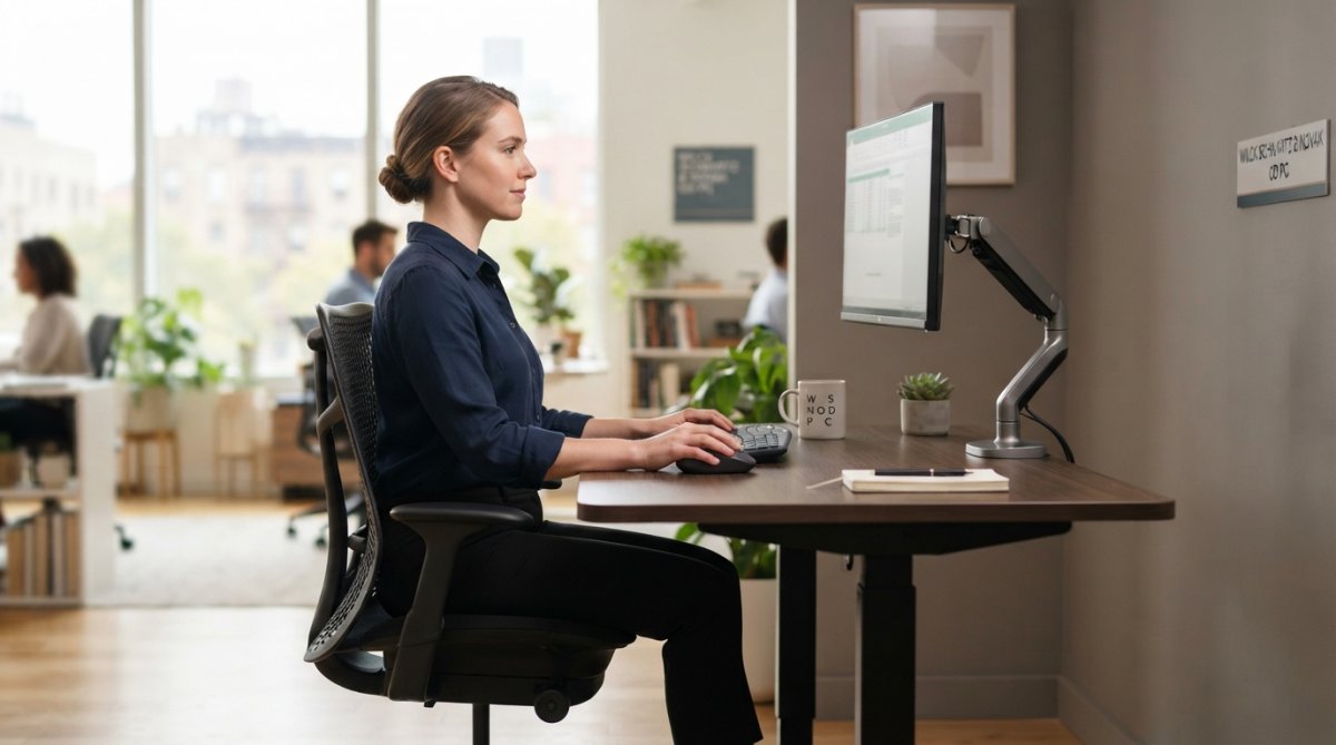 Professional demonstrating ergonomic desk setup at workstation with monitor positioned at eye level, showing correct posture with neutral neck alignment and relaxed shoulders in modern office with natural lighting