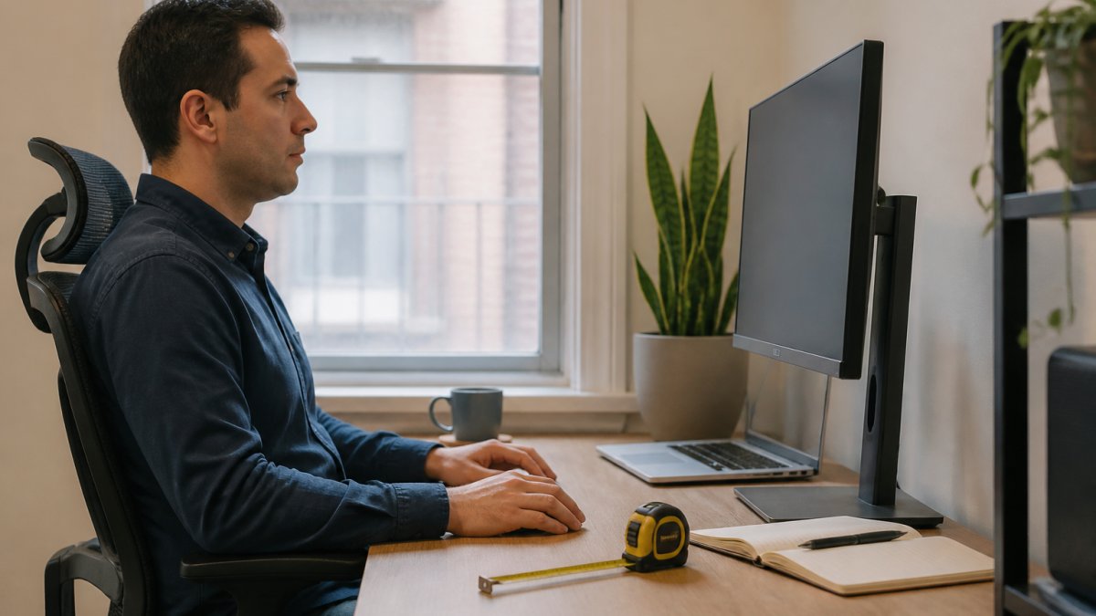 A person seated at a tidy home office desk, eyes level with the top third of an external monitor, forearms resting on the desk, tape measure visible on the surface