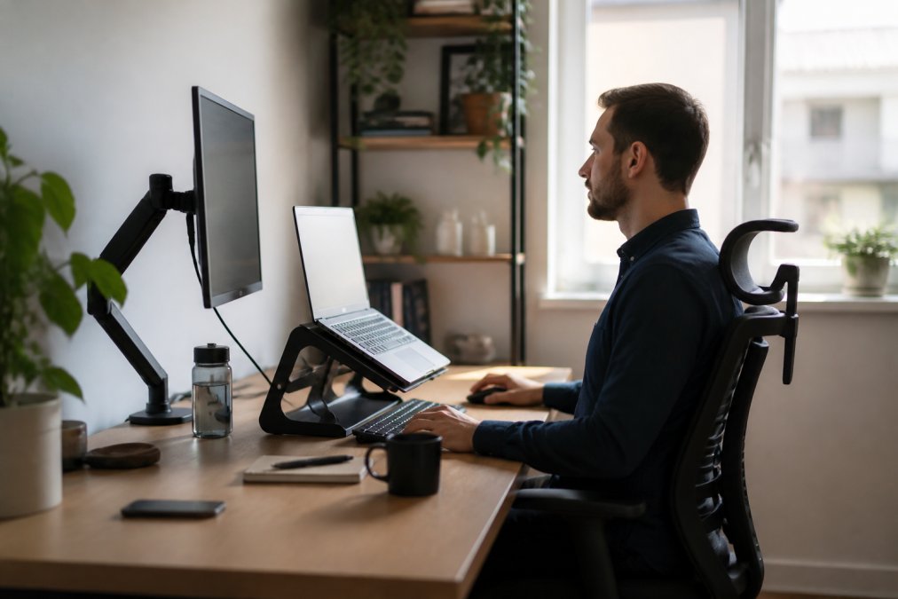 Remote worker at a clean ergonomic desk setup with a laptop stand and monitor in a sunlit home office