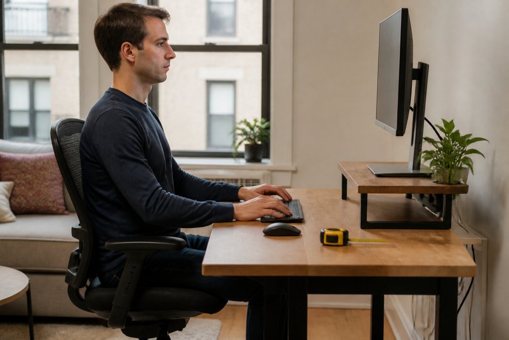 Person maintaining correct posture at an ergonomic desk setup with a monitor riser and measuring tape