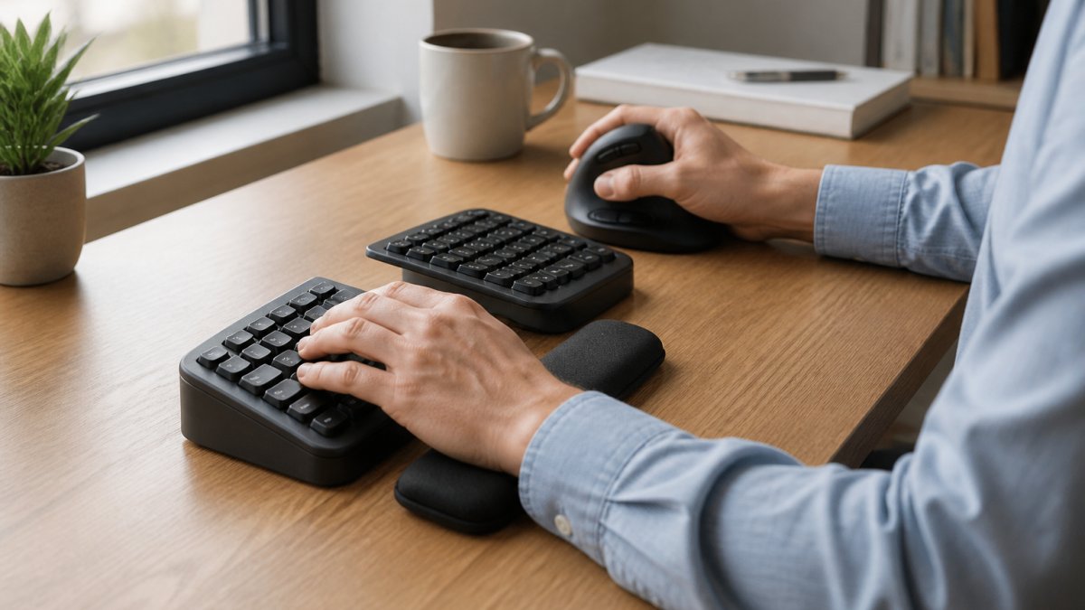Close-up of hands resting on a split ergonomic keyboard and vertical mouse at a tidy desk, wrists straight and floating above the keys, soft natural light from a window