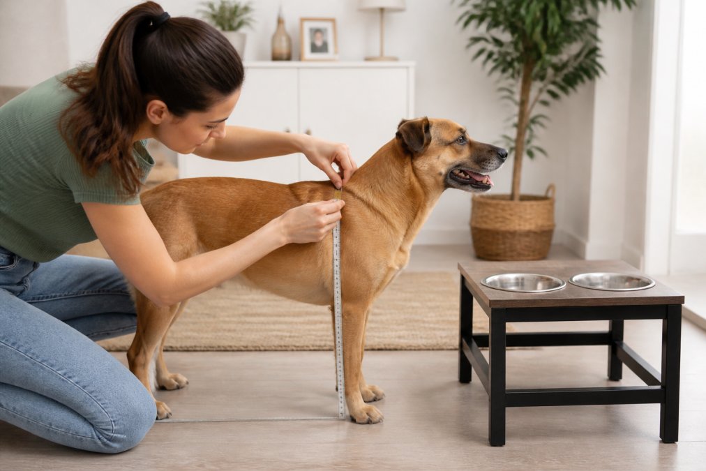 Dog owner measuring a medium-sized dog's shoulder height with a measuring tape to determine proper bowl height, with the dog standing naturally beside a raised feeder in a bright home setting