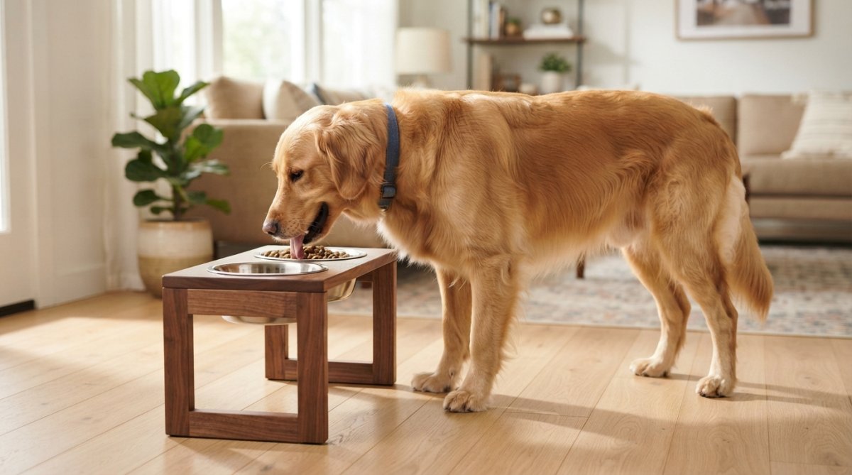 Large dog eating from an elevated feeding station at proper neck height, showing natural posture and comfortable stance in a bright home setting