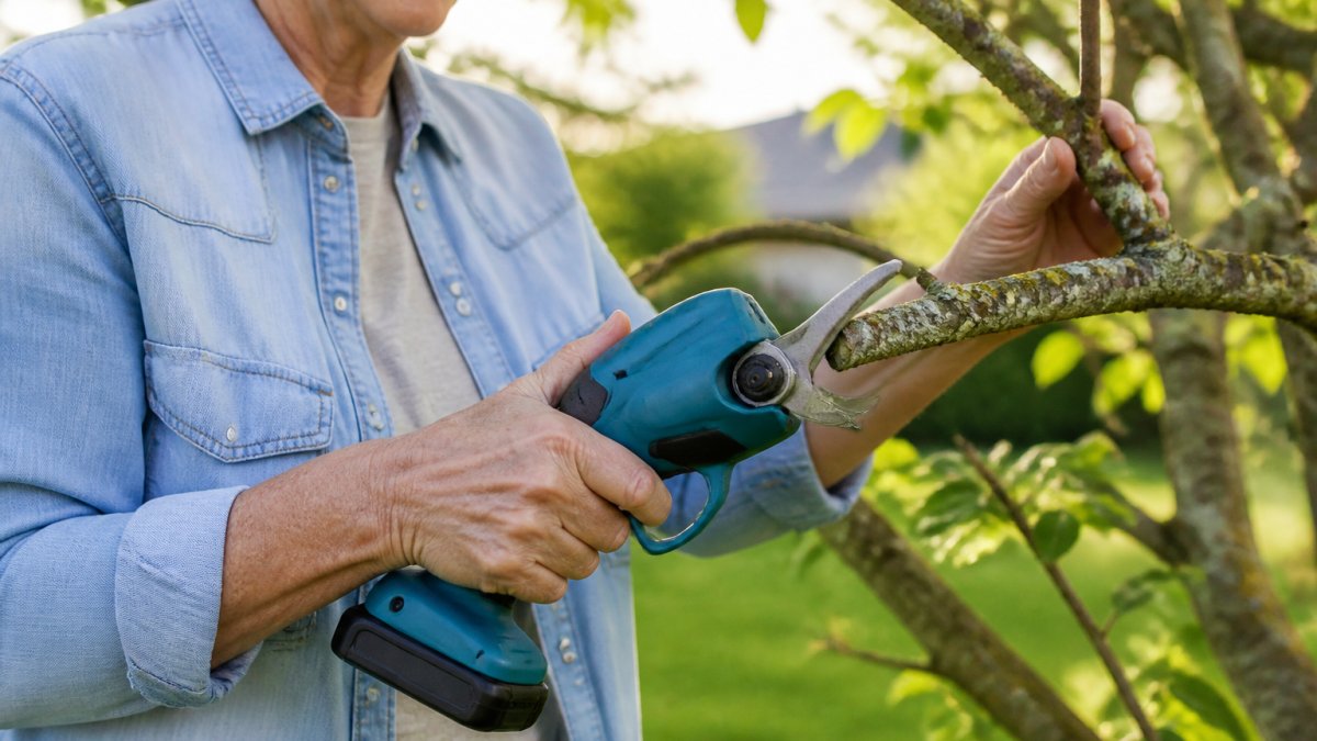 Close-up of a person with arthritic hands using a lightweight electric branch shear to trim a small branch in a sunny garden, showing a relaxed grip and upright posture