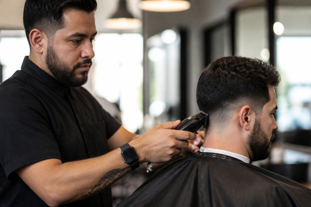 Diagram illustrating how ergonomic hair trimmers reduce wrist strain and improve hand posture for professional barbers