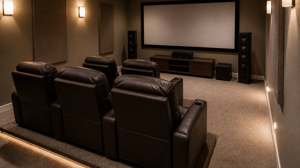 Modern home theater room with four power recliners arranged in two rows, showing clear sightlines to a wall-mounted screen with warm ambient lighting and defined walkway space