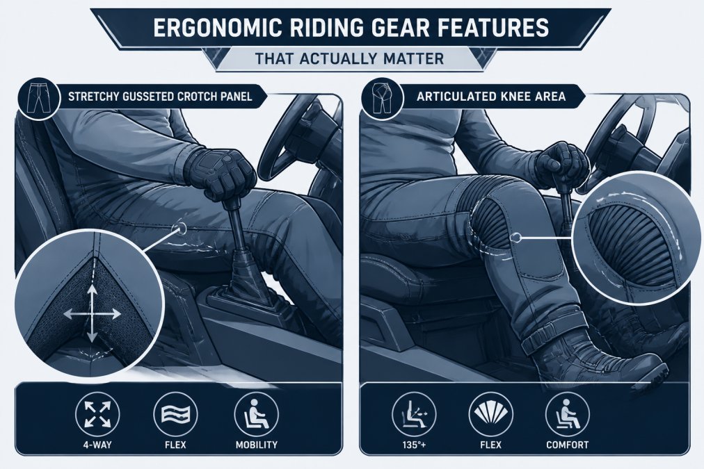 Diagram highlighting articulated knee panels and gusseted seams on off-road riding pants for improved mobility.