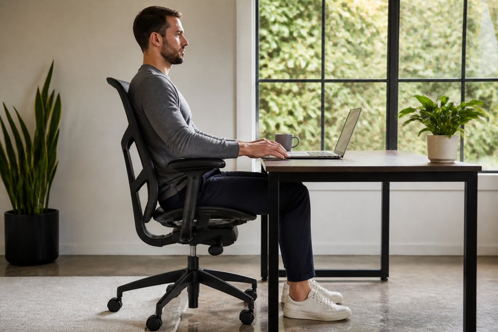 Tall man seated in ergonomic office chair demonstrating proper posture with feet flat on floor, knees at 90 degrees, showing the relationship between seat height, desk height, and arm positioning