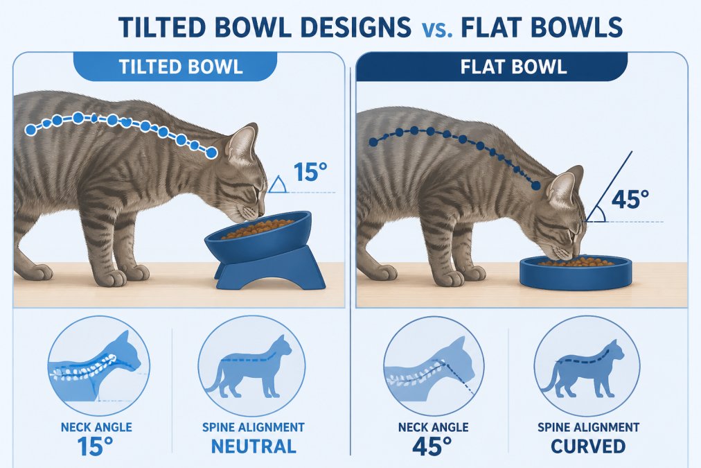 Close-up of a tabby cat's head positioned at two different angles while eating from a tilted ergonomic bowl versus a flat traditional bowl on a wooden floor, showing the contrast in neck and spine alignment