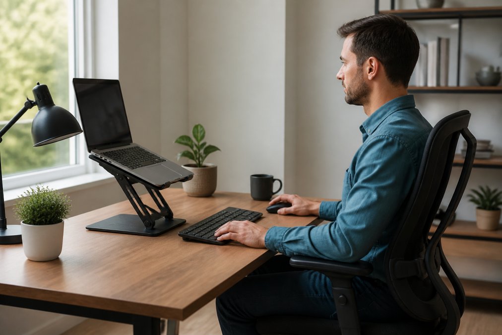 Professional working at an ergonomically optimized home office desk with adjustable laptop stand, external keyboard, ergonomic mouse, and proper posture alignment in natural daylight
