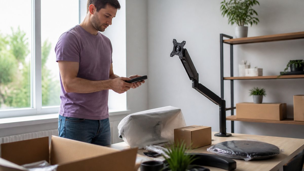 Professional sitting at ergonomic desk with proper posture, monitor at eye level, keyboard and mouse positioned correctly, with good natural lighting from window