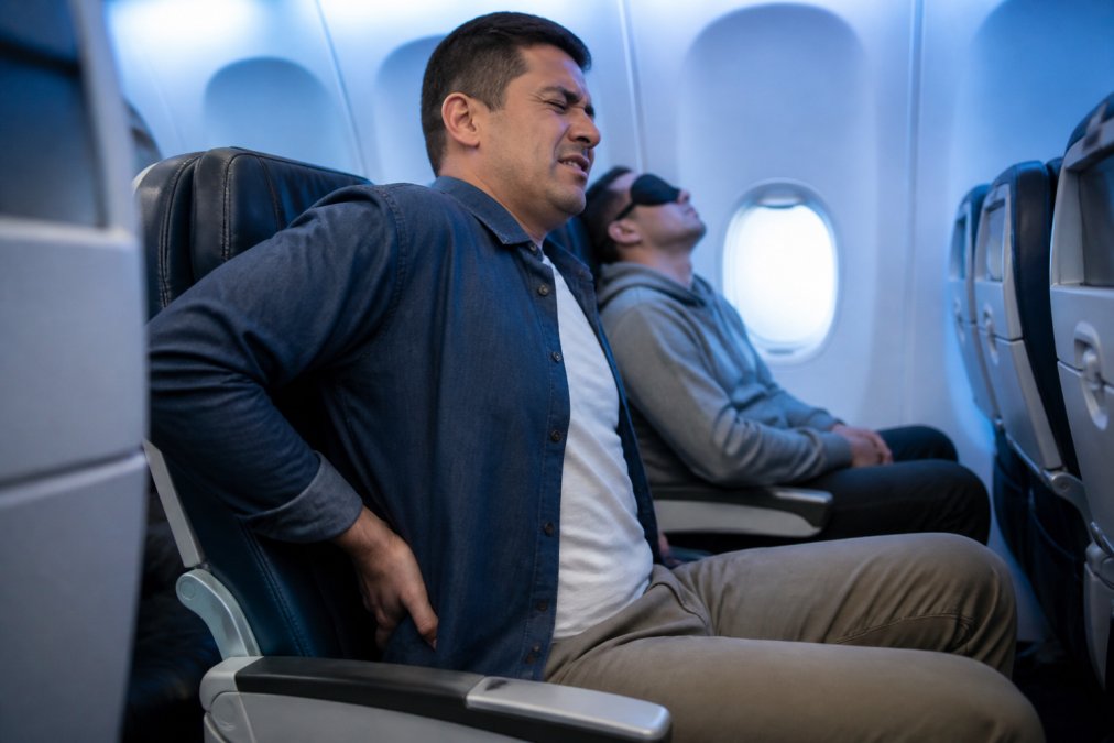 Traveler sitting in an economy airplane seat, hand pressed against lower back, grimacing slightly while the person next to them sleeps, cool blue cabin lighting