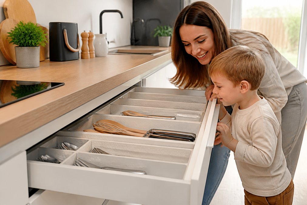 Otevřená kuchyňská zásuvka s&nbsp;organizéry na&nbsp;příbory jako ukázka toho, proč jsou ergonomické zásuvky vs skříňky lepší volbou.
