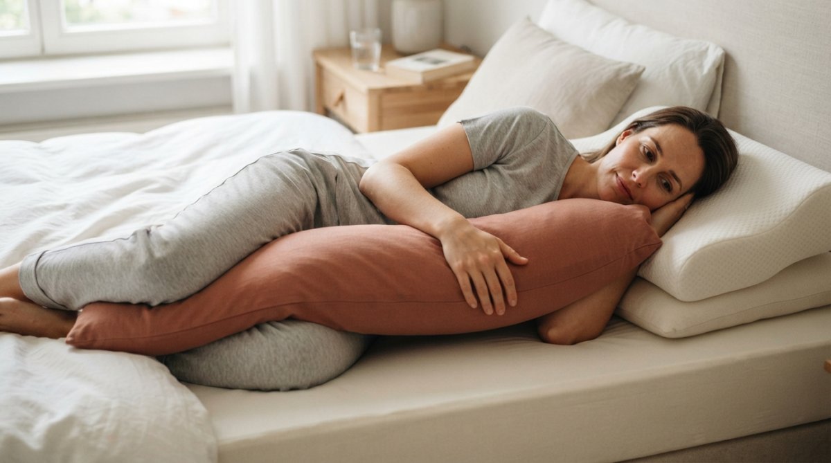 Seitenschläfer im Bett mit einem ergonomischen Kissen gegen Schulterschmerzen für Seitenschläfer, das Nacken und Wirbelsäule perfekt ausrichtet.