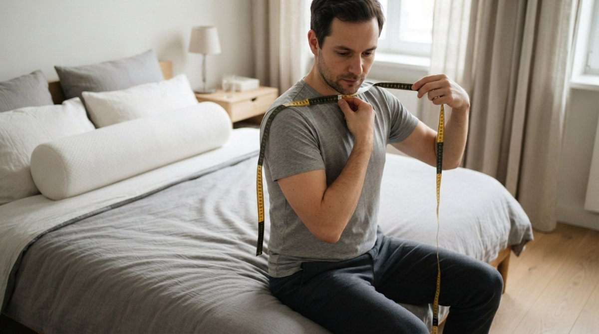 Seitenschläfer misst die Schulterbreite für den Kauf eines ergonomischen Kissens für Seitenschläfer, um die richtige Unterstützung im Bett zu erhalten.