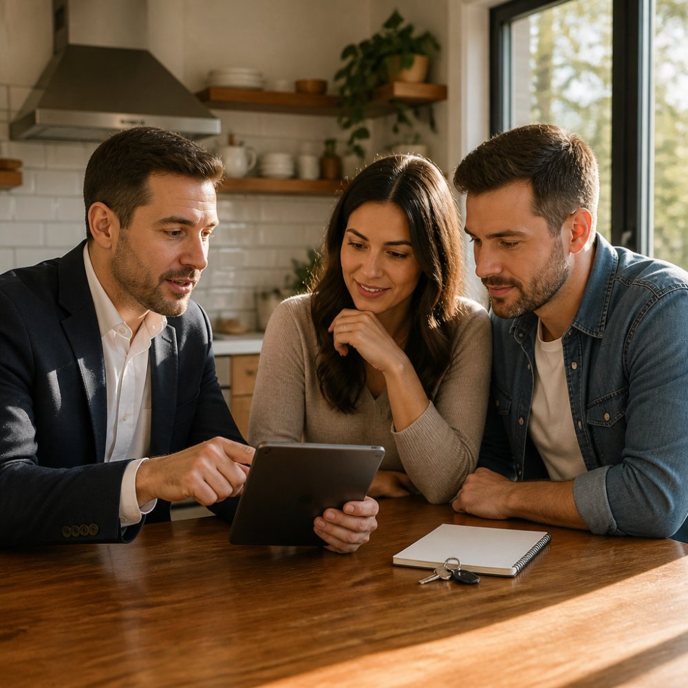 A real estate broker and a couple reviewing a property listing on a tablet at a kitchen table, with a house key and notepad nearby, warm afternoon light through a window