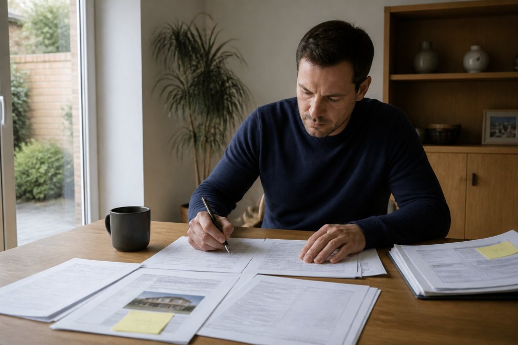 Een huiseigenaar zit aan een tafel met offertes en een checklijst, een pen in de hand terwijl hij aantekeningen maakt bij elk document, natuurlijk licht door het raam