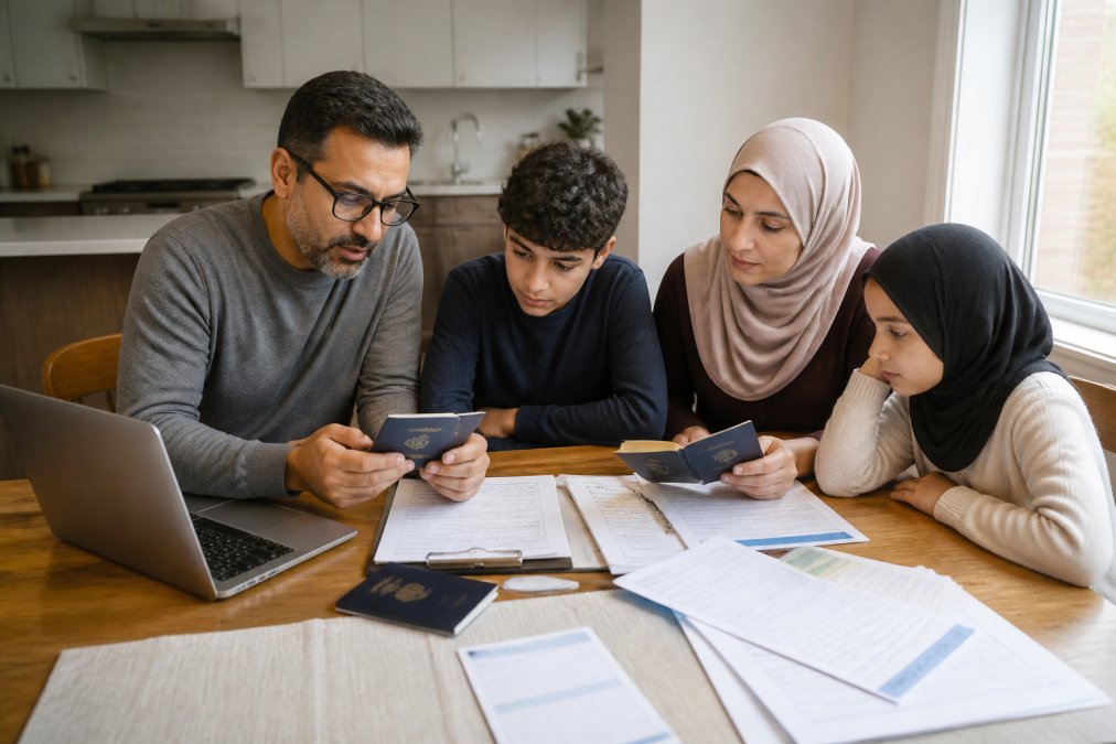 Famille préparant les documents nécessaires pour une inscription Nusuk Hajj sur un ordinateur portable.