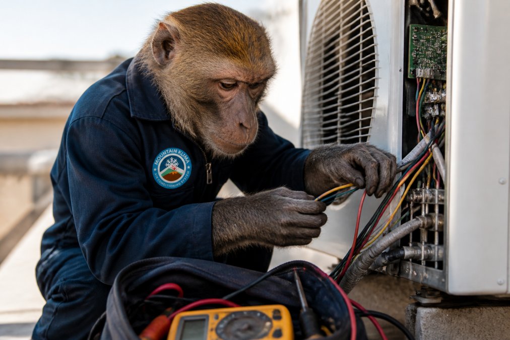 Un mono técnico examinando cuidadosamente cables y conectores de una unidad de aire acondicionado, con herramientas de diagnóstico en primer plano bajo luz natural