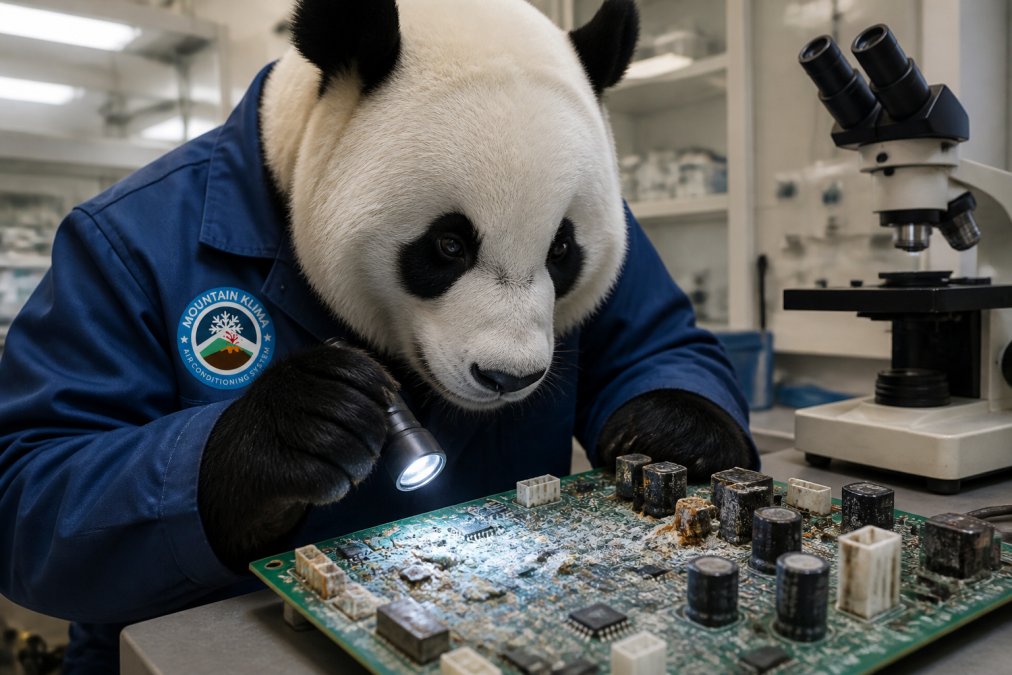 Un oso panda inspeccionando componentes electrónicos corroídos en una placa de aire acondicionado, mostrando claramente el daño causado por la sal marina con depósitos minerales visibles bajo luz de laboratorio