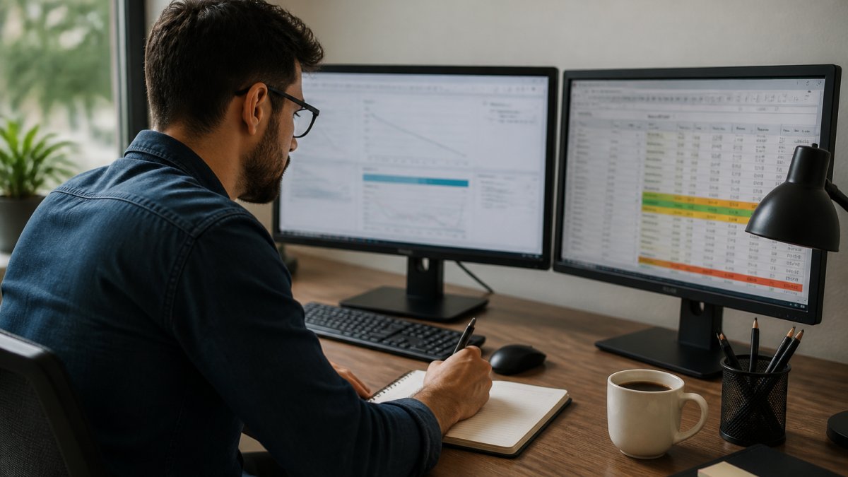 Profesional de marketing sentado ante un escritorio con dos monitores, analizando datos de SEO y anotaciones en un cuaderno, con una taza de café al lado
