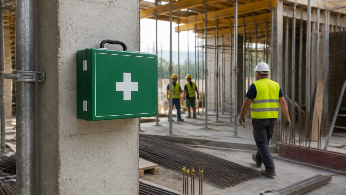 Gut organisierter, deutlich gekennzeichneter Verbandkasten mit weißem Kreuz auf grünem Hintergrund, montiert an zentraler, leicht erreichbarer Stelle auf einer aktiven Baustelle mit Bauarbeitern im Hintergrund