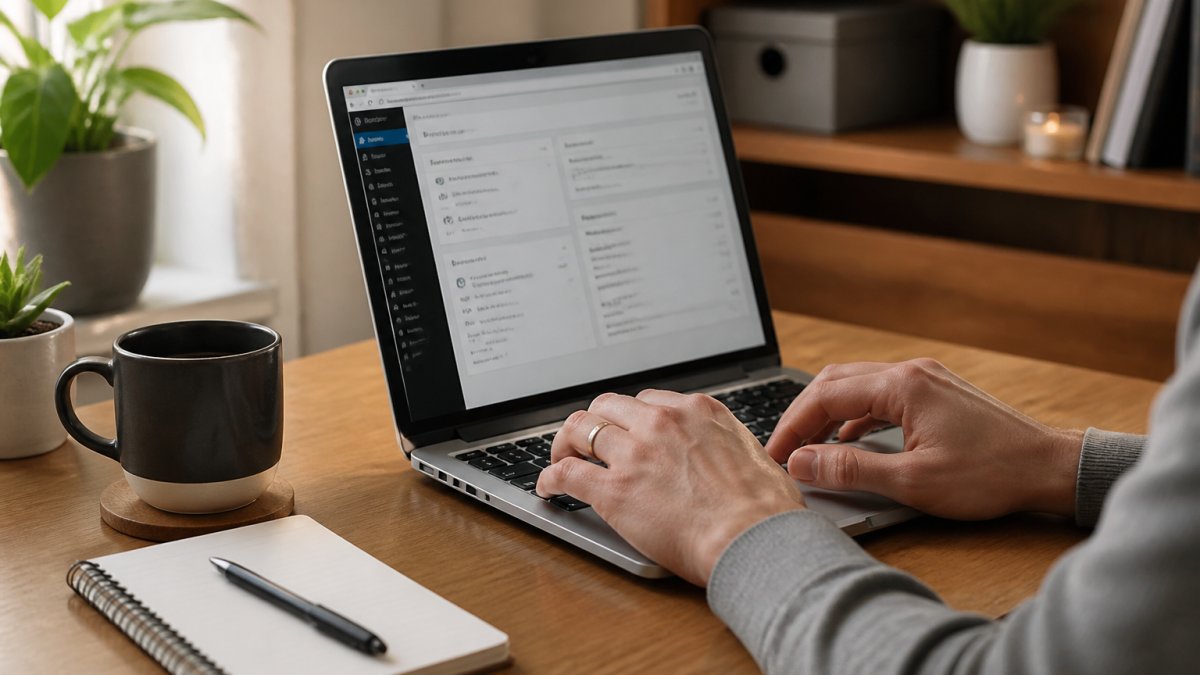 Nahaufnahme von Händen auf einer Tastatur, die WordPress-Dashboard auf dem Monitor zu sehen, gemütliches Home-Office mit Kaffeetasse und Notizbuch