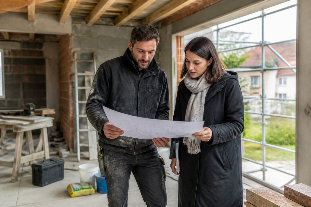 Huiseigenaar in gesprek met aannemer op een bouwplaats, beide kijkend naar bouwplannen en voortgang van renovatiewerk met natuurlijke daglicht