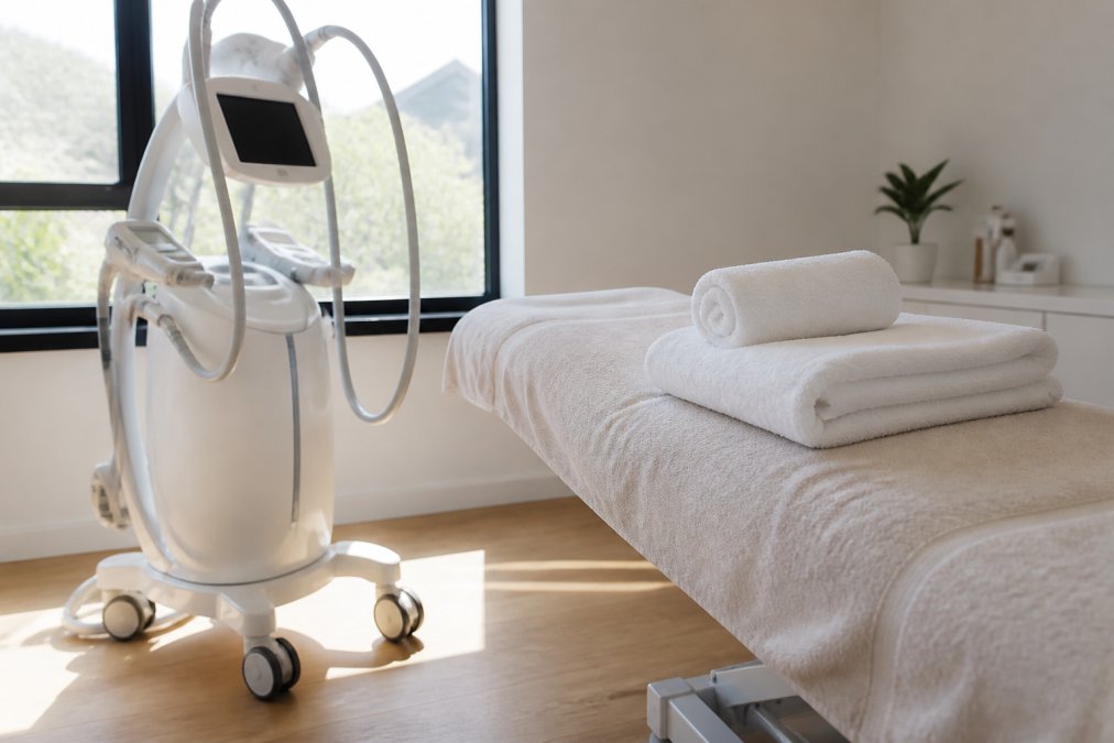 Close-up van een behandelruimte met een LPG Endermologie-apparaat naast een behandelbank met opgevouwen witte handdoeken, zacht daglicht valt door de ramen op een houten vloer