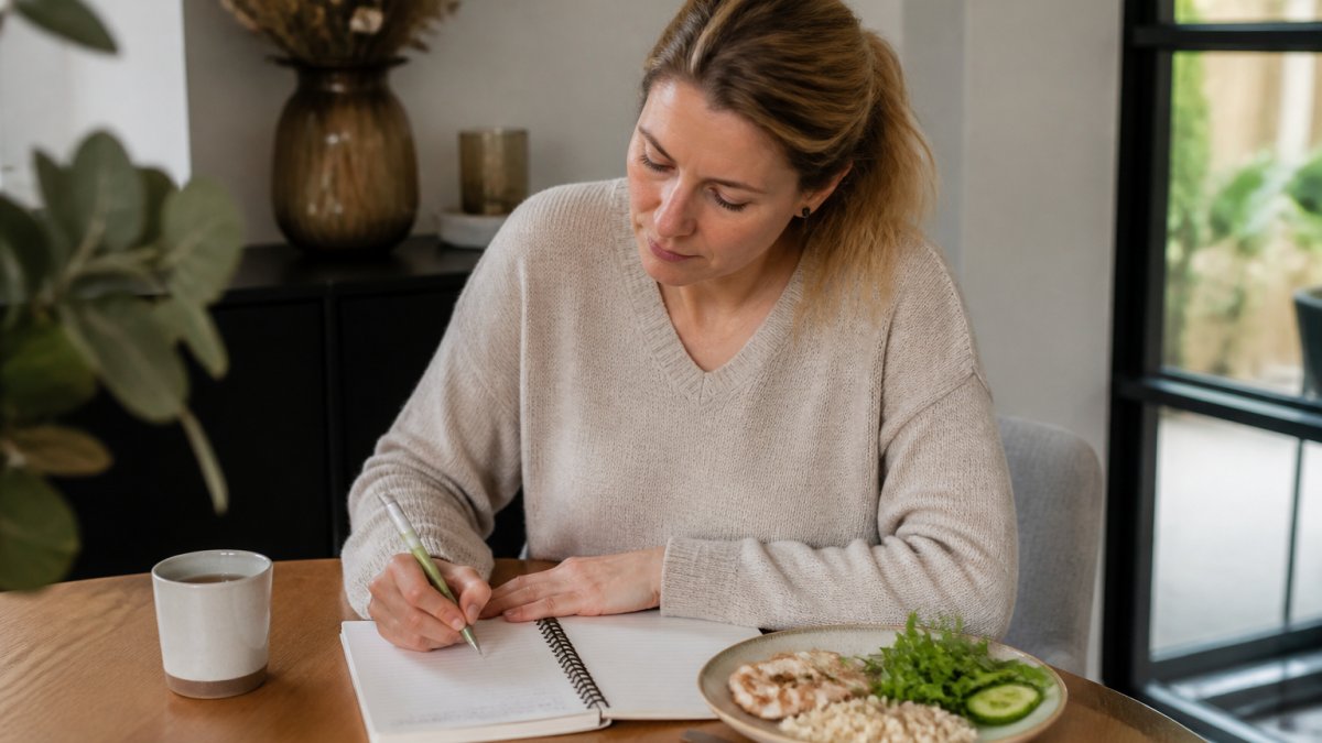 Een vrouw zit rustig aan een houten keukentafel met een notitieboek en een kopje thee, terwijl ze een maaltijddagboek bijhoudt naast een bord met eenvoudige voeding