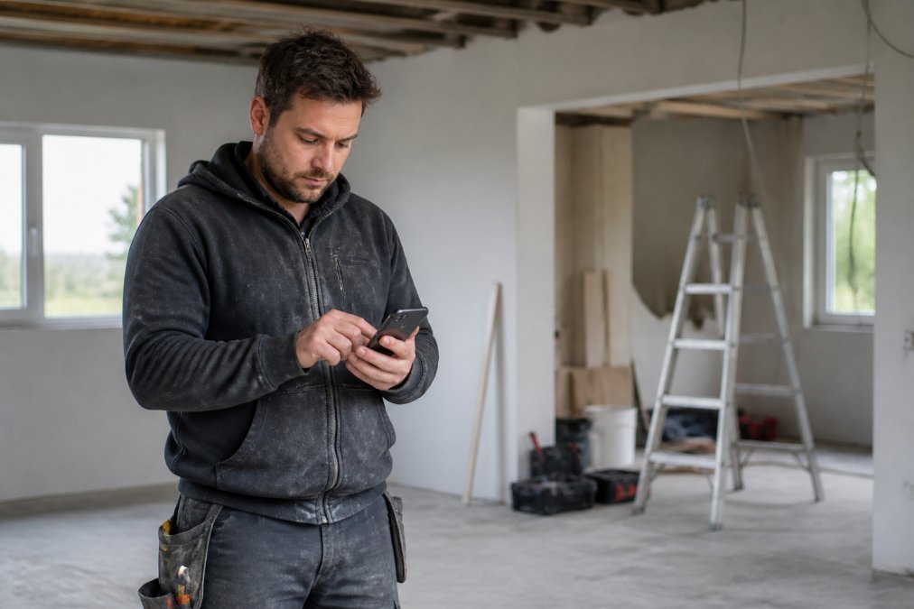 A self-employed contractor in work clothes reviewing incoming quote requests on a smartphone at a half-finished renovation site, ladder and tools visible in the background