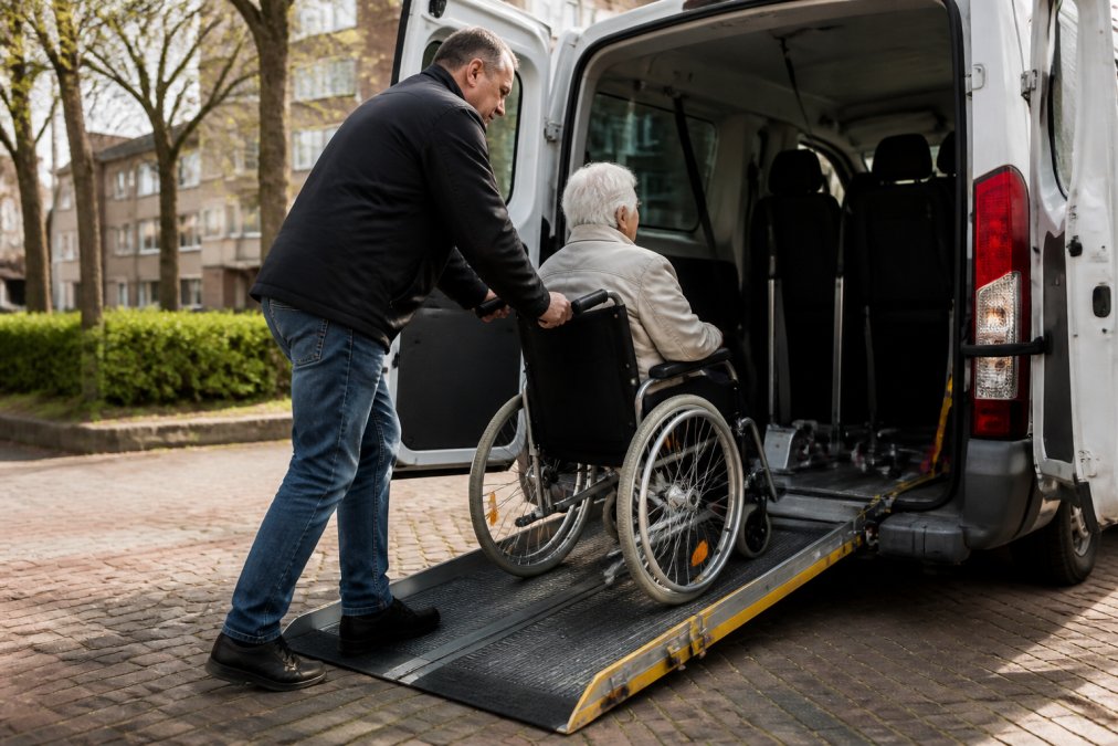 Een vriendelijke chauffeur helpt een oudere persoon in een rolstoel veilig een moderne rolstoelbus in Utrecht binnen te rijden via een oprijplaat, met aandacht en een glimlach