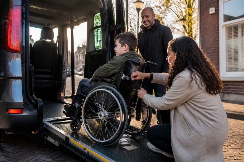 Ouder helpt kind in rolstoel in een toegankelijk busje, passend bij ervaringen met rolstoelvervoer voor kinderen.