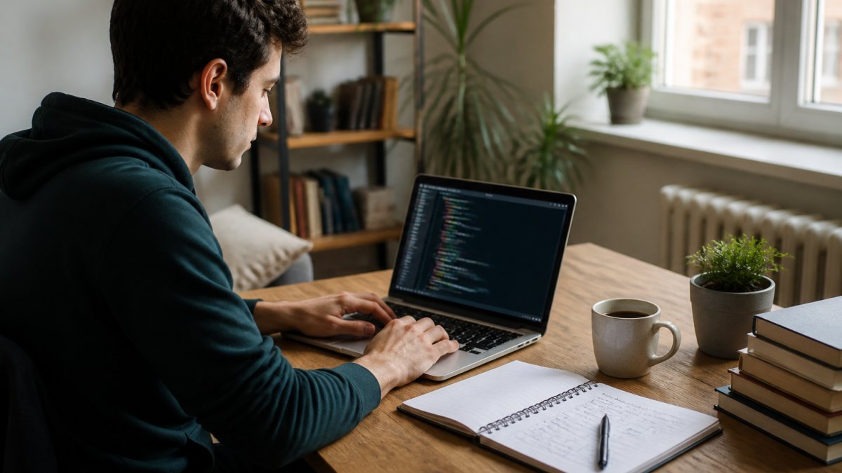Persona joven trabajando en un portátil con código Python en pantalla, cuaderno con apuntes y una taza de café sobre una mesa de madera en una habitación luminosa