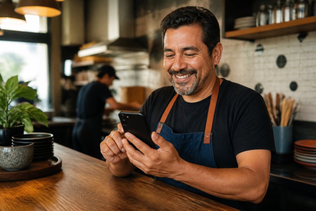 Propietario de restaurante pequeño sosteniendo un smartphone con un menú digital en pantalla, sonriendo mientras actualiza el precio de un plato en tiempo real desde su mostrador